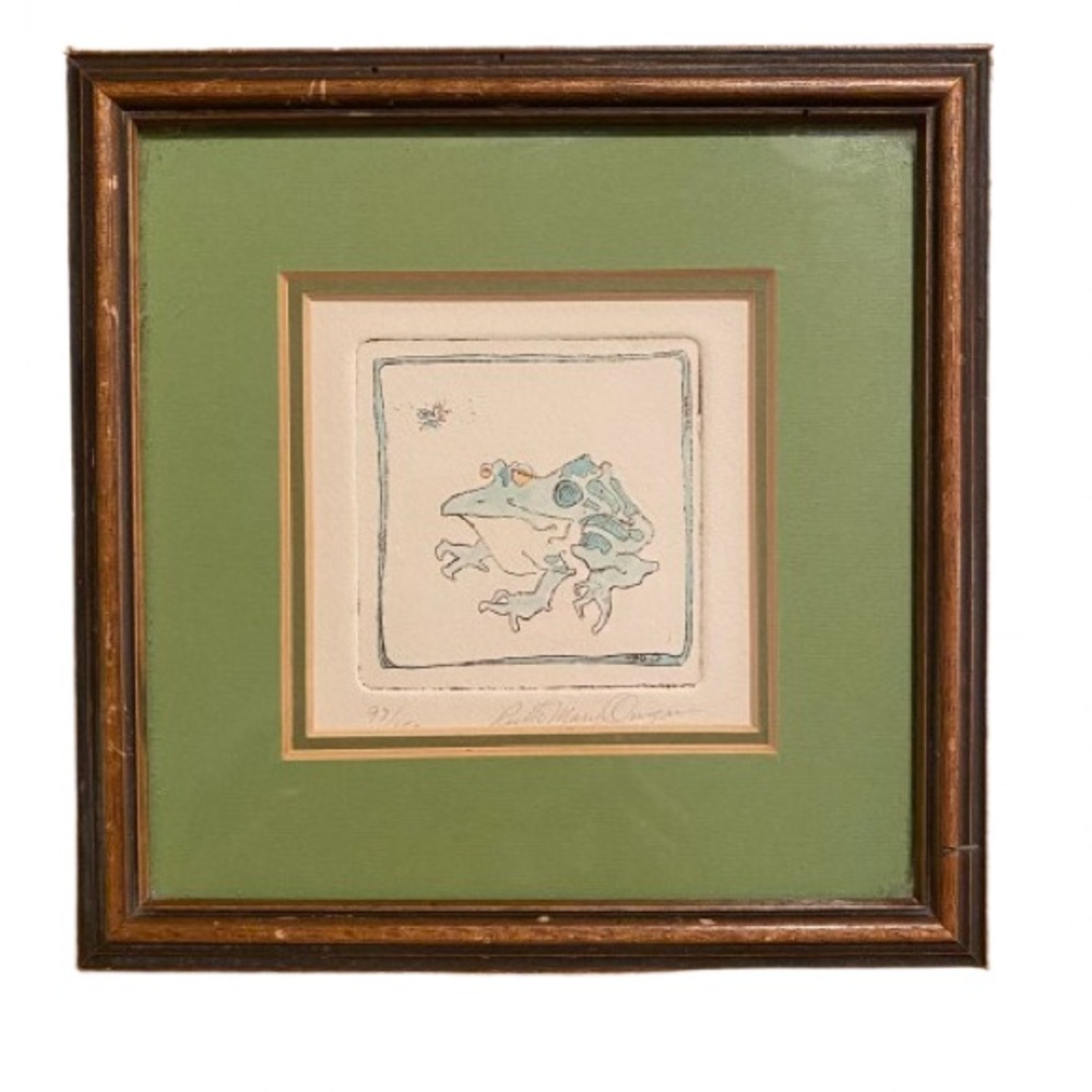 Framed Original Frog Colored Print #97 by Ruth Mary Dugan 7 1/2” x 7 1/2” Whimsy